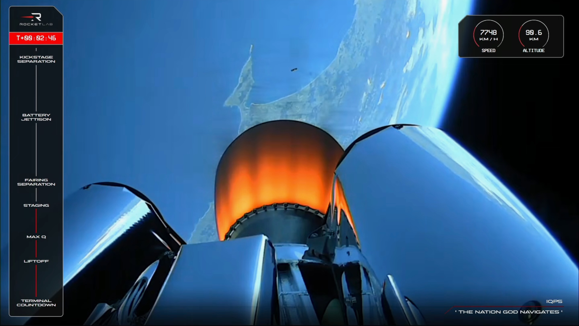 view from the second stage of a rocket in earth orbit. the rocket's orange-hot engine nozzle is visible in the foreground; in the background is the sea and a slice of greenish land
