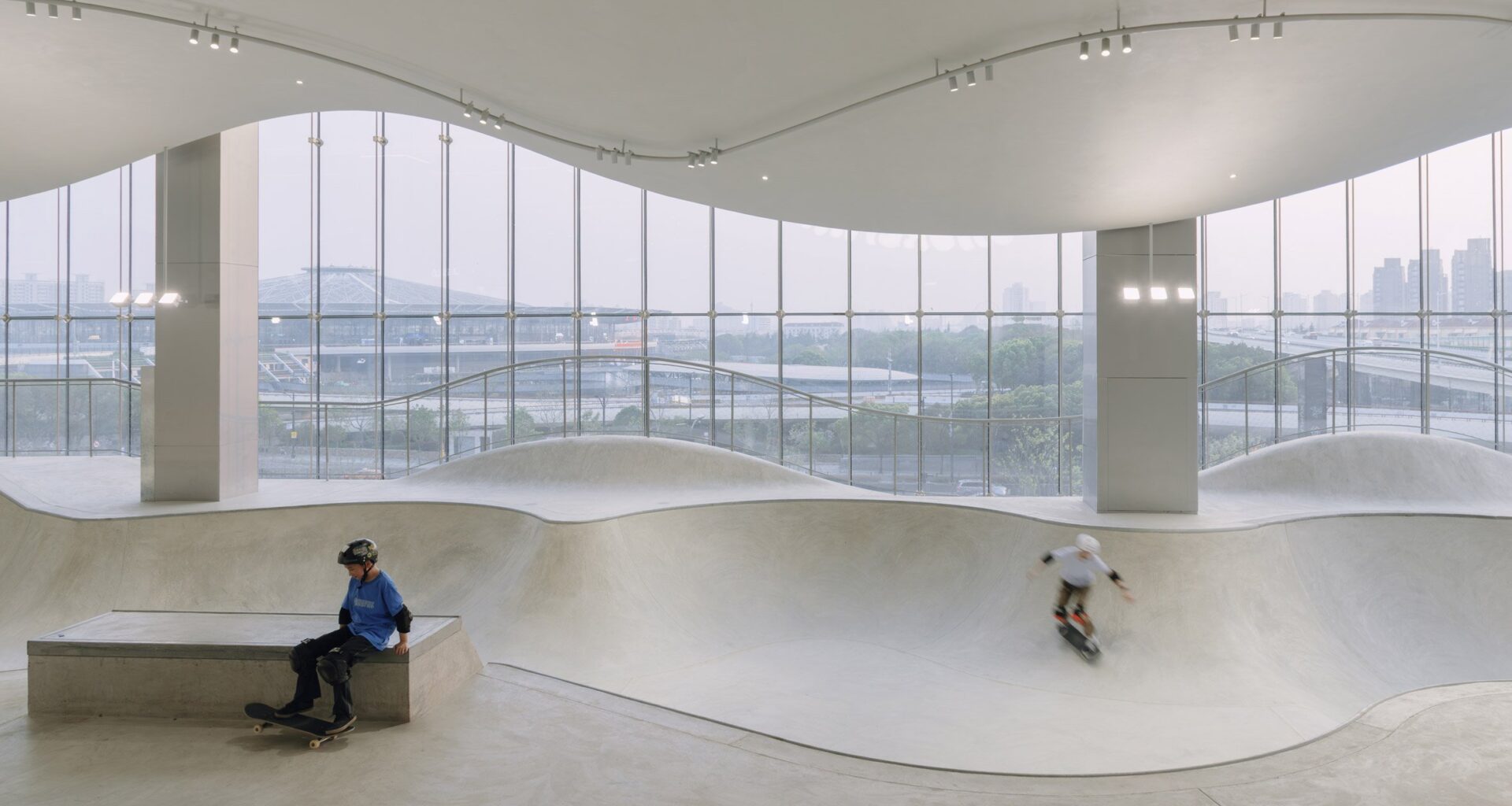 Indoor skatepark with glass walls