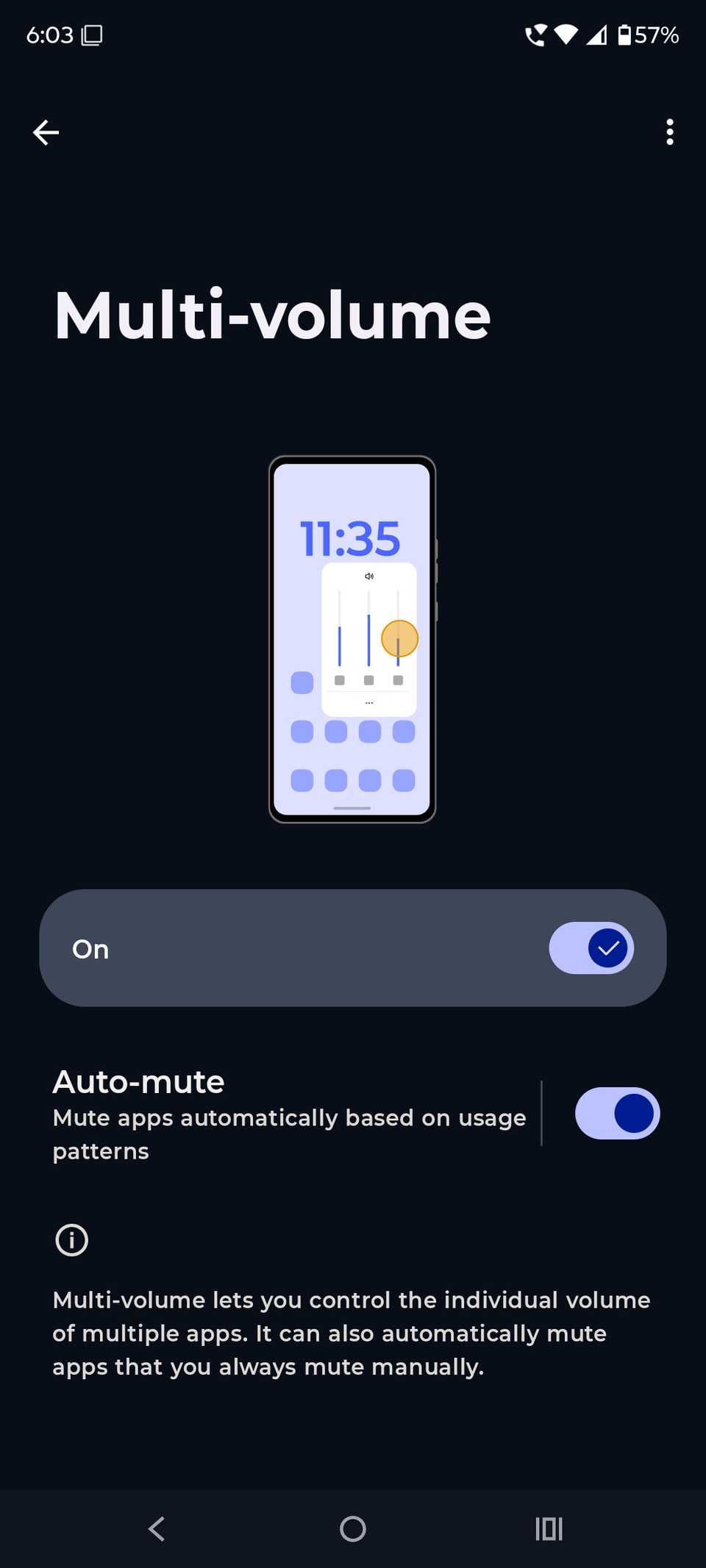 Motorola Multi-volume settings screen showing auto-mute and individual app control