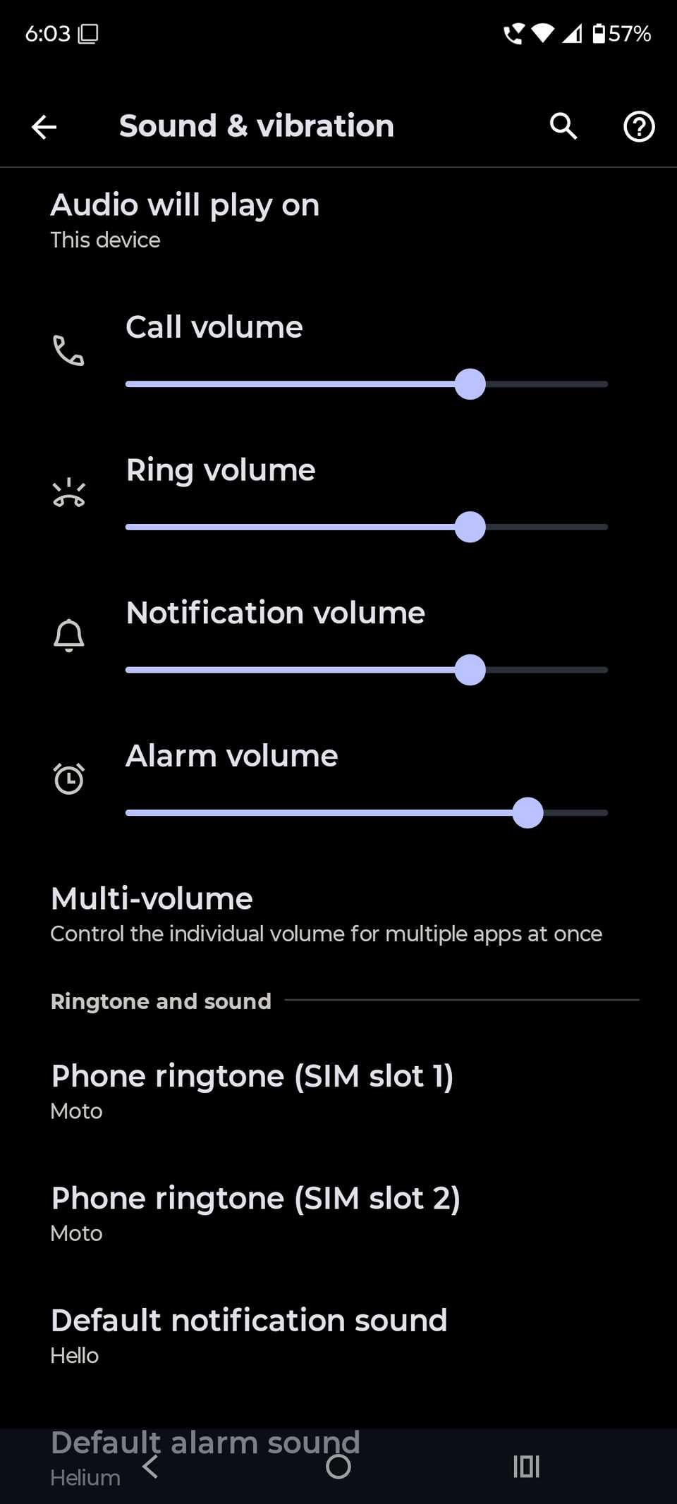 Sound and vibration menu displaying separate volume sliders and multi-volume option