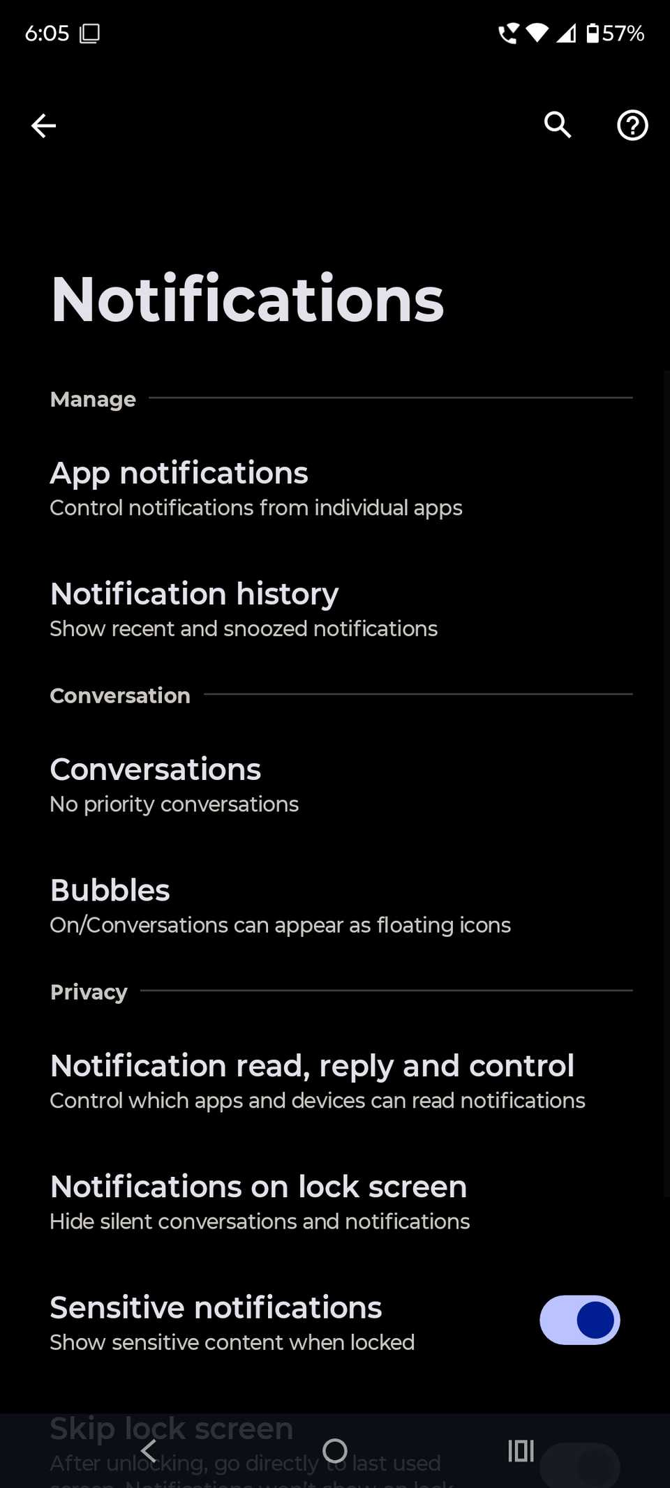 Motorola notifications settings page showing app controls, conversations, and privacy options