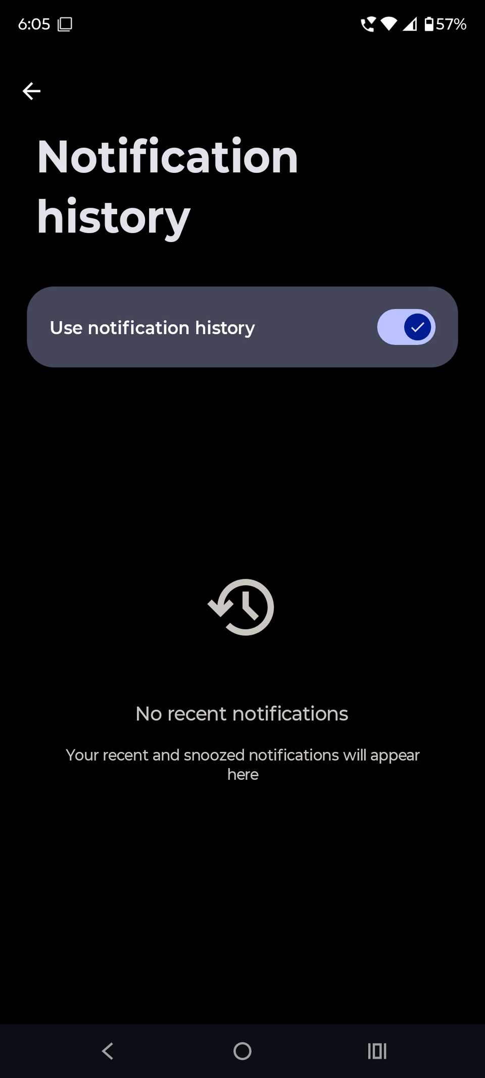 Notification history screen showing toggle enabled with no recent notifications displayed