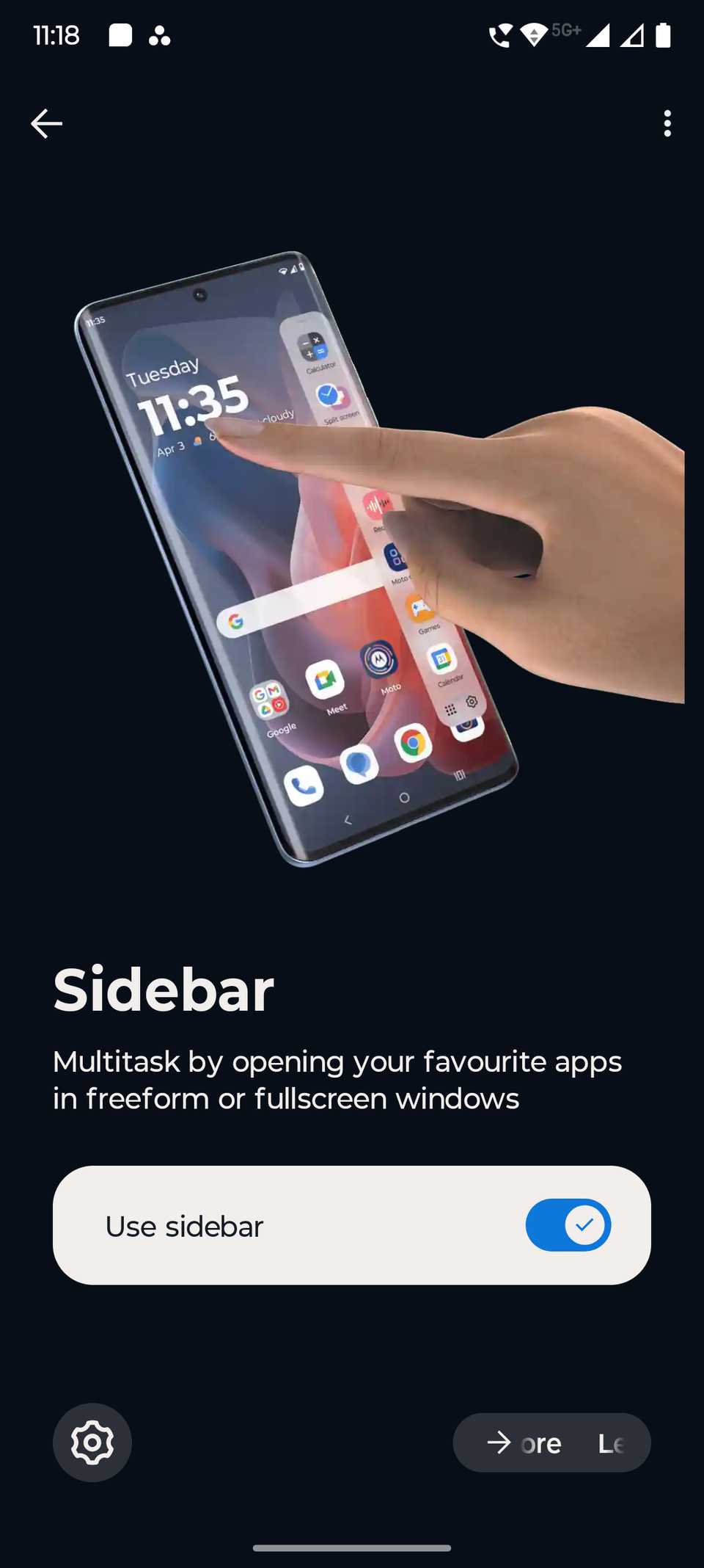 Sidebar feature screen showing multitasking panel opened with a swipe gesture