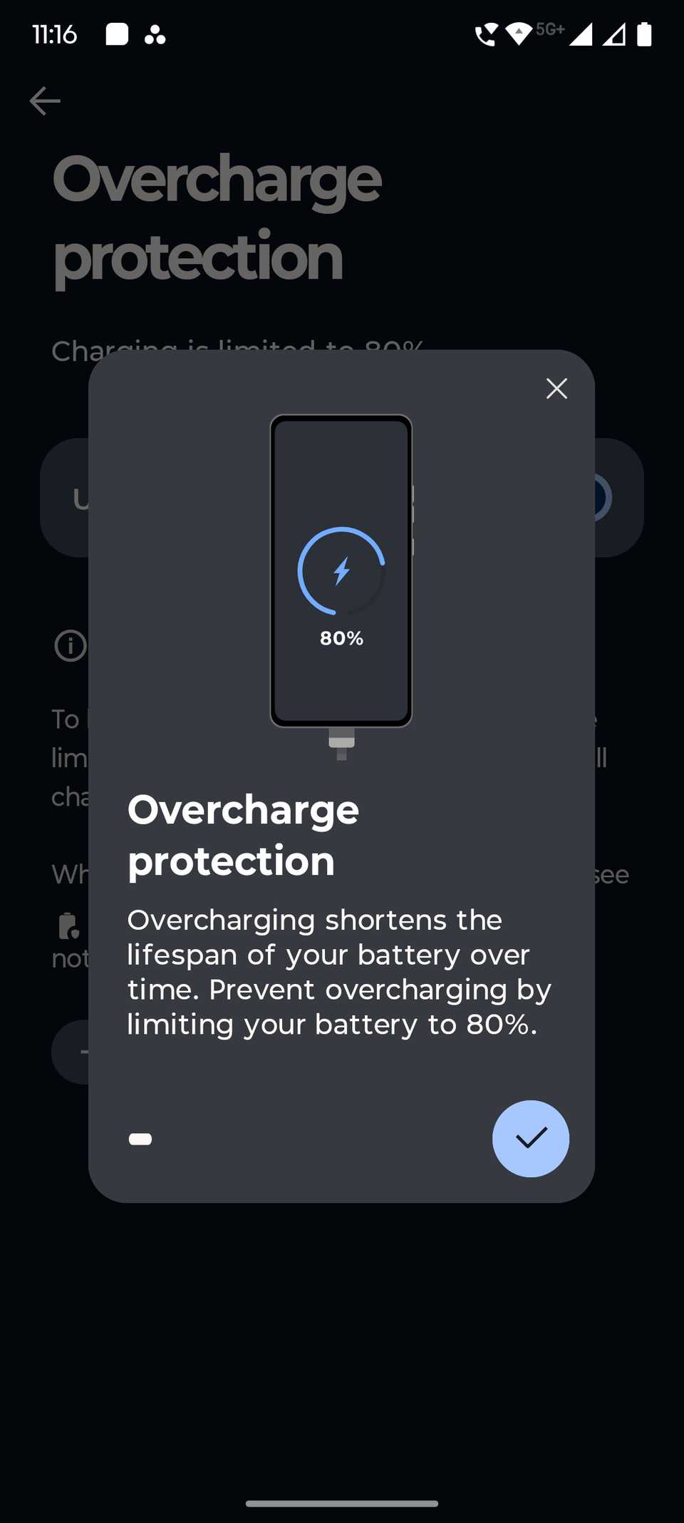 Popup explaining Motorola's overcharge protection with battery limited to 80 percent