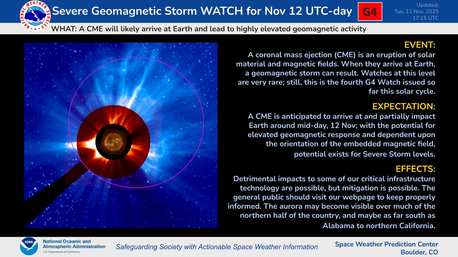 graphic detailing the possible effects of the incoming CME as it could trigger strong G4 geomagnetic storm conditions on Nov. 12.