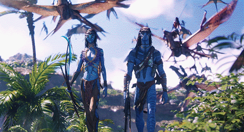 Neytiri and Jake Sulley walking side by side with flocks of Ikran above them