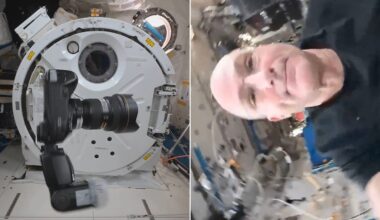 A split image showing a camera with a large lens floating inside a space station on the left, and an astronaut in a black shirt floating and smiling at the camera on the right, surrounded by equipment.