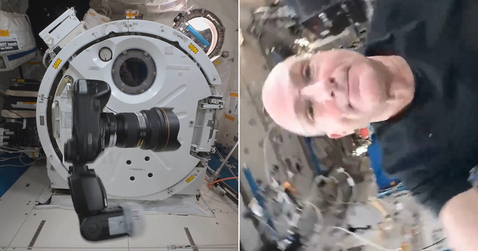 A split image showing a camera with a large lens floating inside a space station on the left, and an astronaut in a black shirt floating and smiling at the camera on the right, surrounded by equipment.