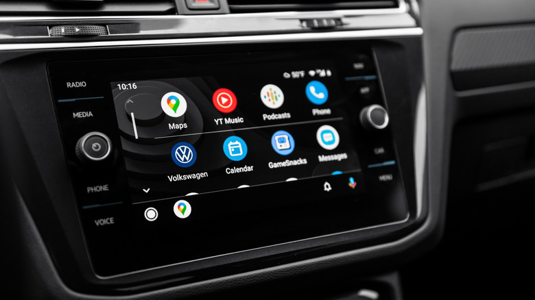 Various apps on an Android Auto display.