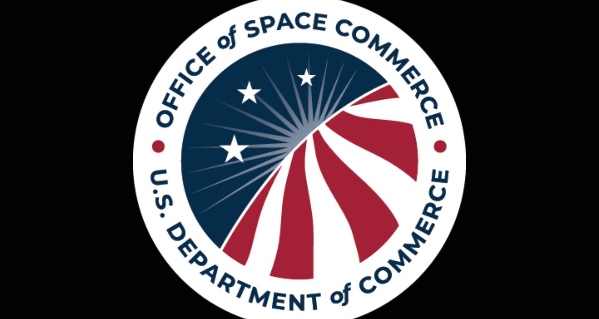 A circular badge showing the Office of Space Commerce with the words "Department of Commerce" on the circular image