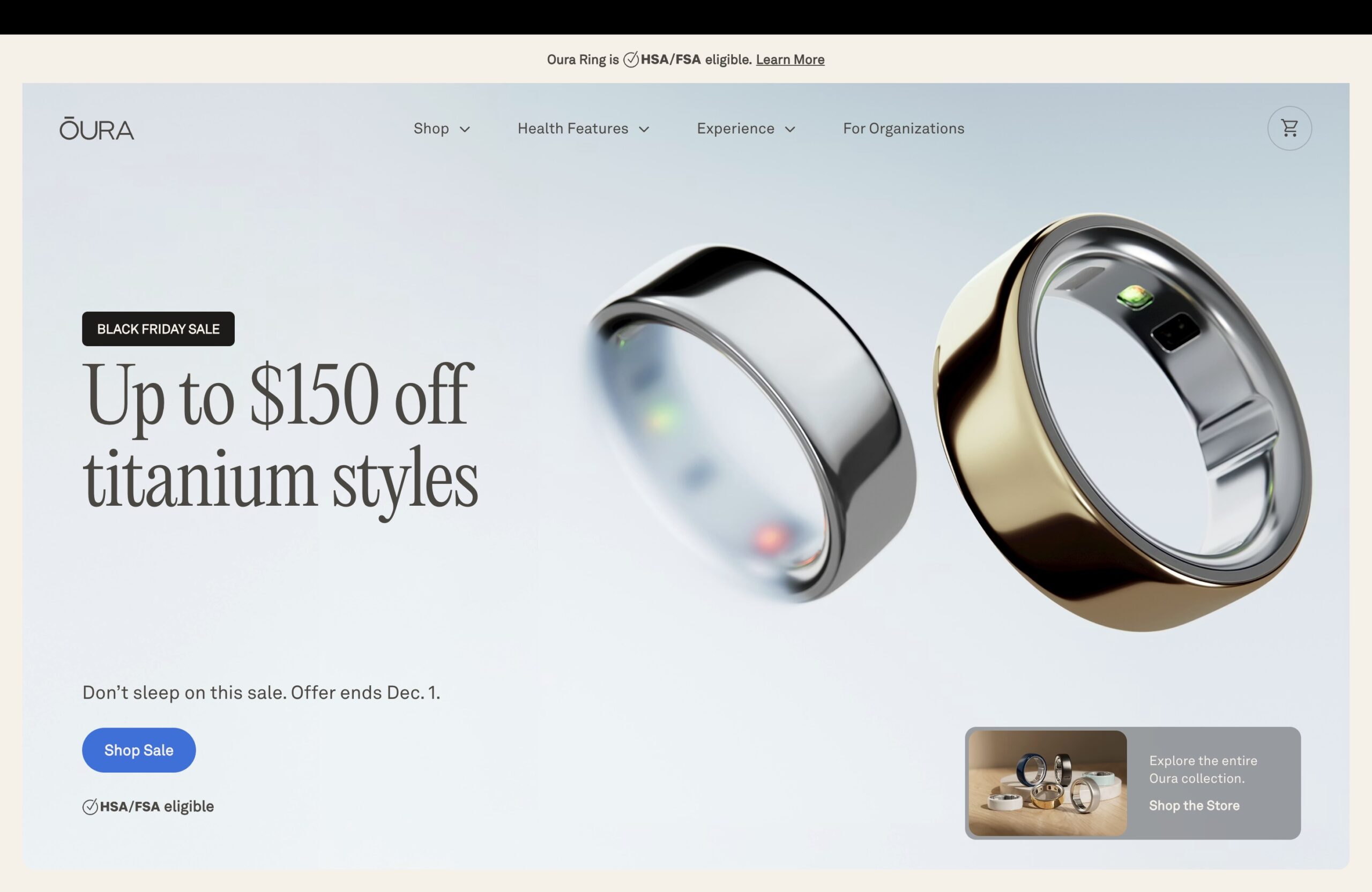 A screenshot of the Oura website, showing the Black Friday 2025 sales.