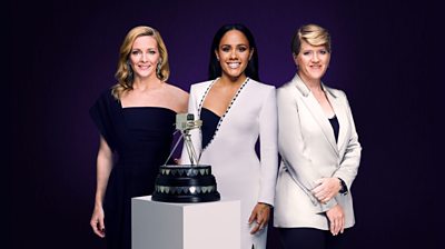 Gabby Logan, Alex Scott and Clare Balding standing with the SPOTY trophy in front of them