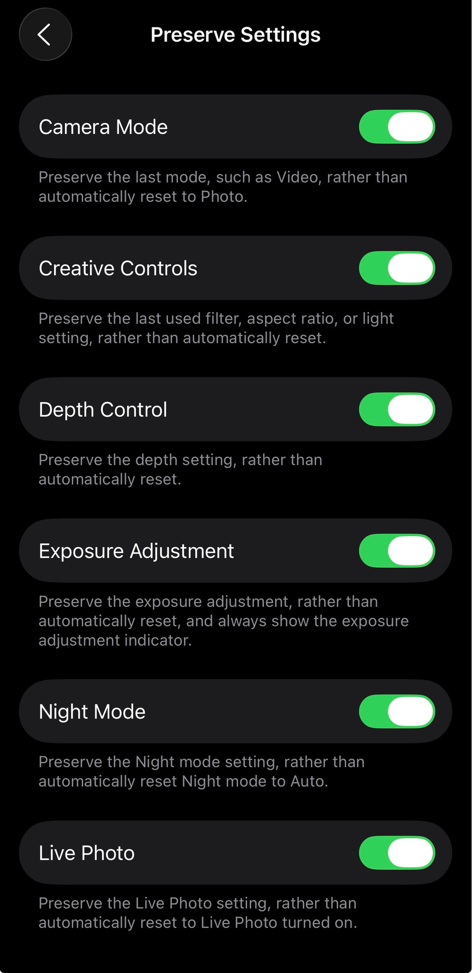 Preserve Settings options in iPhone 12's settings for Camera.