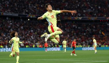 MUNICH, GERMANY: Martin Zubimendi of Spain celebrates scoring his team's first goal the UEFA Nations League 2025 final match between Portugal and S...