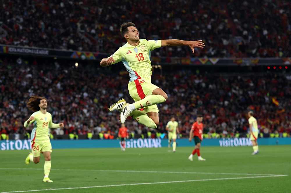 MUNICH, GERMANY: Martin Zubimendi of Spain celebrates scoring his team's first goal the UEFA Nations League 2025 final match between Portugal and S...