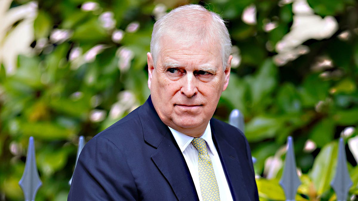 A close-up of Prince Andrew looking away outdoors wearing a dark blue suit.