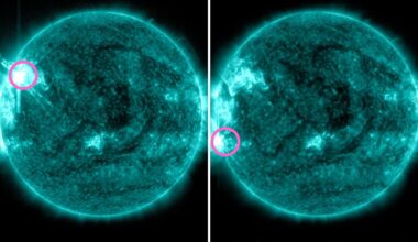 two panel image showing the location of the two X-class solar flares from Nov. 4 2025.