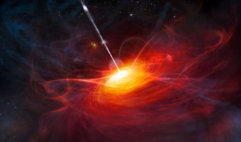 Artist's rendering of the accretion disk in ULAS J1120+0641, a very distant quasar powered by a supermassive black hole with a mass two billion times that of the Sun. Credit: ESO/M. Kornmesser quasar