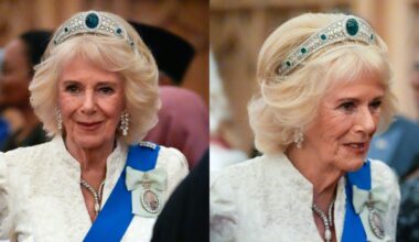 Queen Camilla wears a Fiona Clare gown and the Greville Emerald Kokoshnik Tiara at the Diplomatic Corps reception at Windsor Castle on Nov. 18, 2025 in Windsor, England.