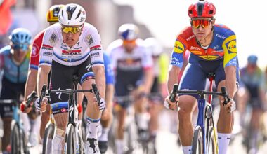 Quick-Step's Belgian team rider Tim Merlier and Lidl-Trek's Italian team rider Jonathan Milan cycle to the finish of the men's elite one day 250.3 Km (155 miles) cycling race 'Gent-Wevelgem - In Flanders Fields' from Ieper to Wevelgem on March 30, 2025. (Photo by JASPER JACOBS / Belga / AFP) / Belgium OUT (Photo by JASPER JACOBS/Belga/AFP via Getty Images)