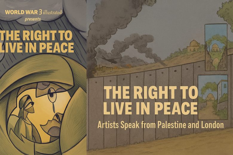 Part of a book cover says The Right to Live in Peace. Artists speak from Palestine and London.