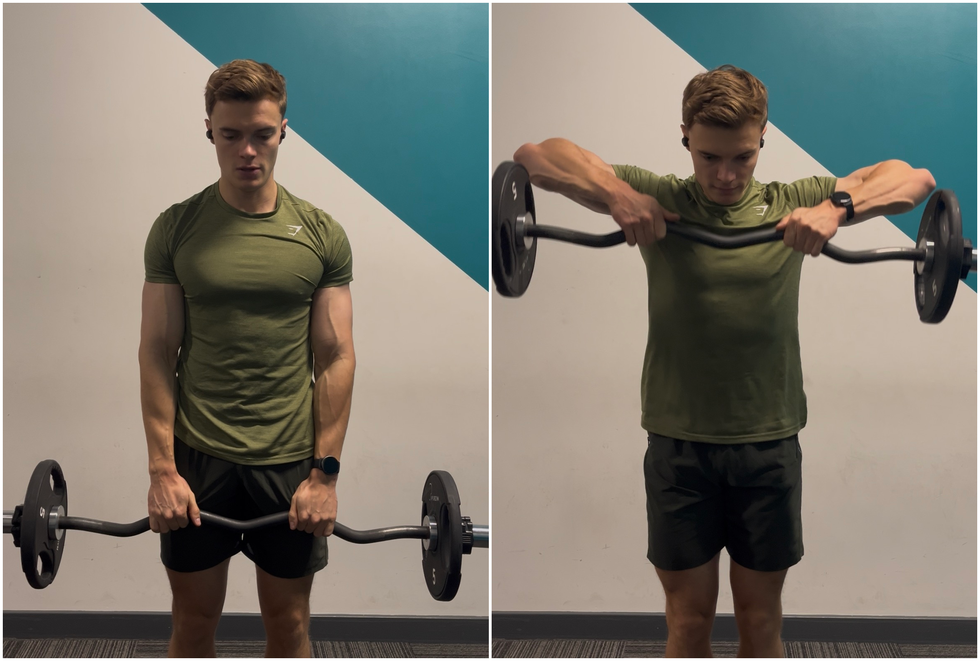 EZ Bar Upright Rows Alan Ritchson Workout a person performing a strength training exercise with a barbell