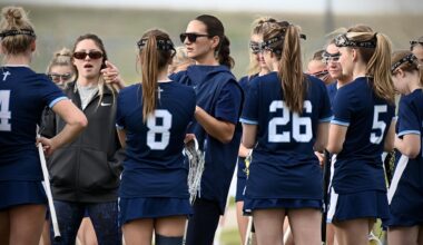 Sam Geiersbach gives instructions to her Valor Christian girls lacrosse team