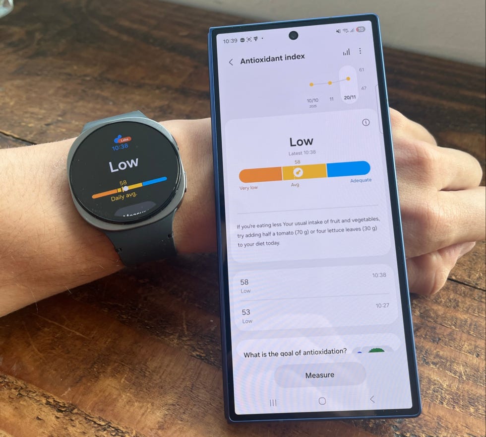 An image of a Samsung Galaxy Watch8 and Samsung health app showing an antioxidant index score an image of a samsung galaxy watch8 and samsung health app showing an antioxidant index score