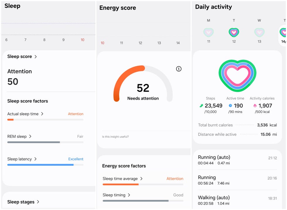 Screenshots from the Samsung Health app showing data from sleep, energy score, and daily activity screenshots from the samsung health app showing data from sleep, energy score, and daily activity