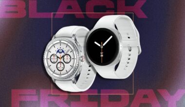 Samsung smartwatches on a CNET background