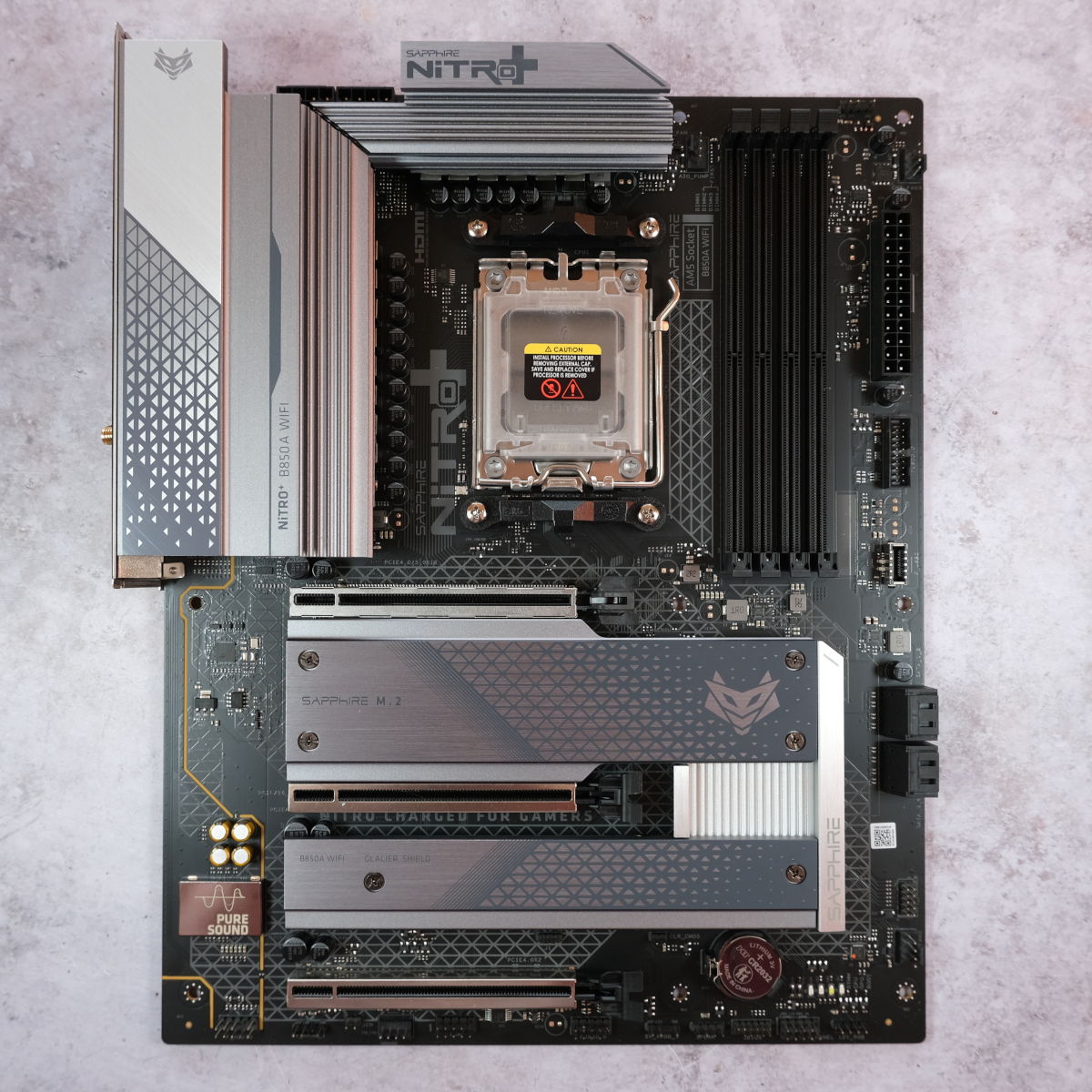 A top-down view of Sapphire Nitro+ B850A WiFi 7.