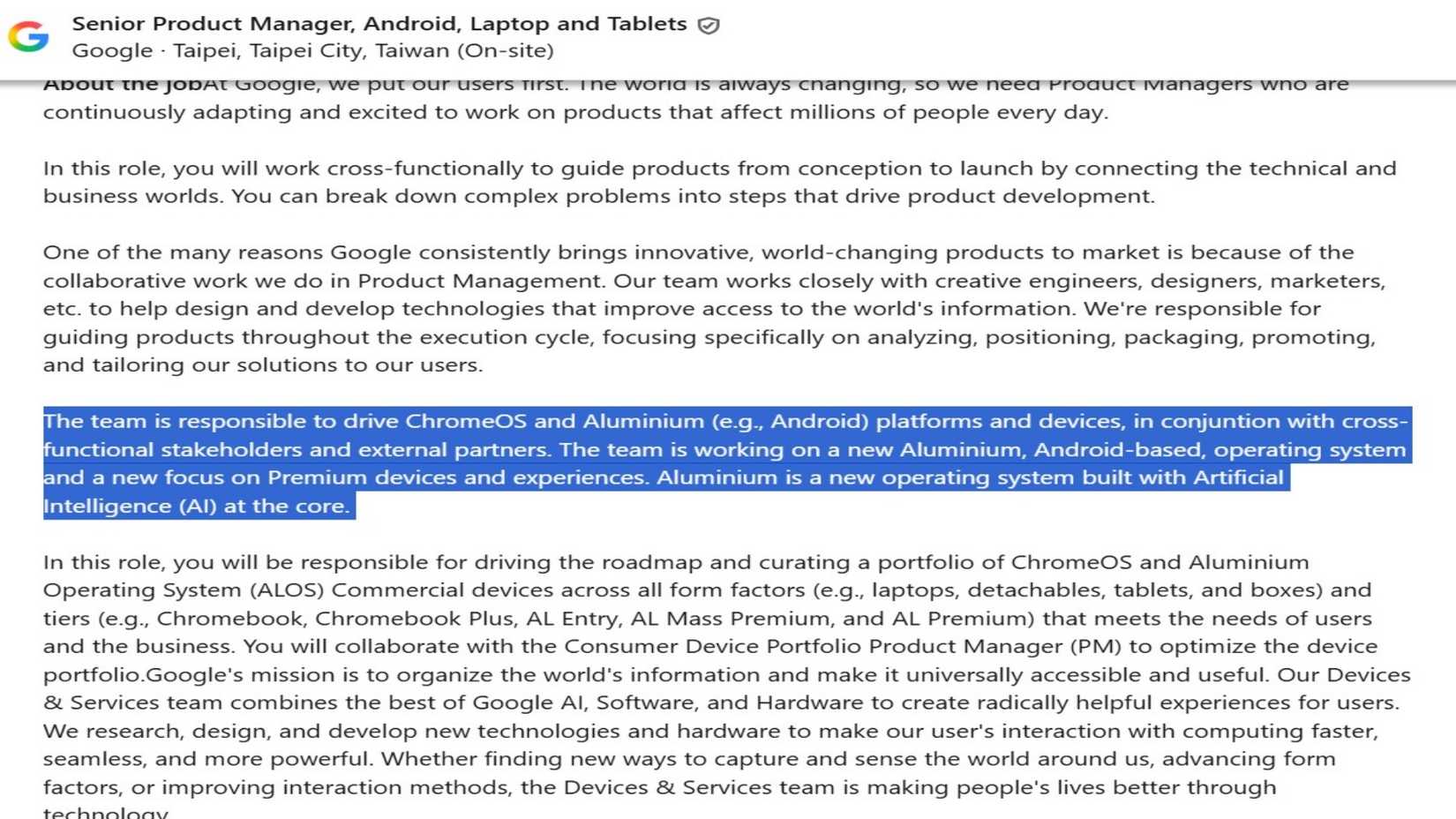 Screenshot showing Google's job posting for Android on desktop