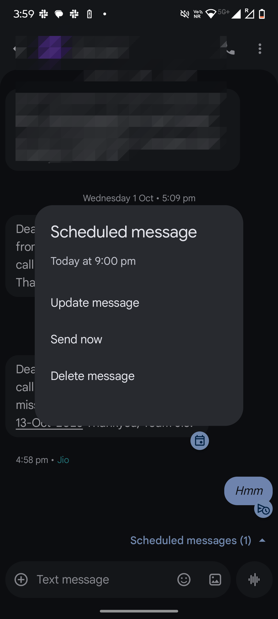 Screenshot showing Google messages' schedule send feature