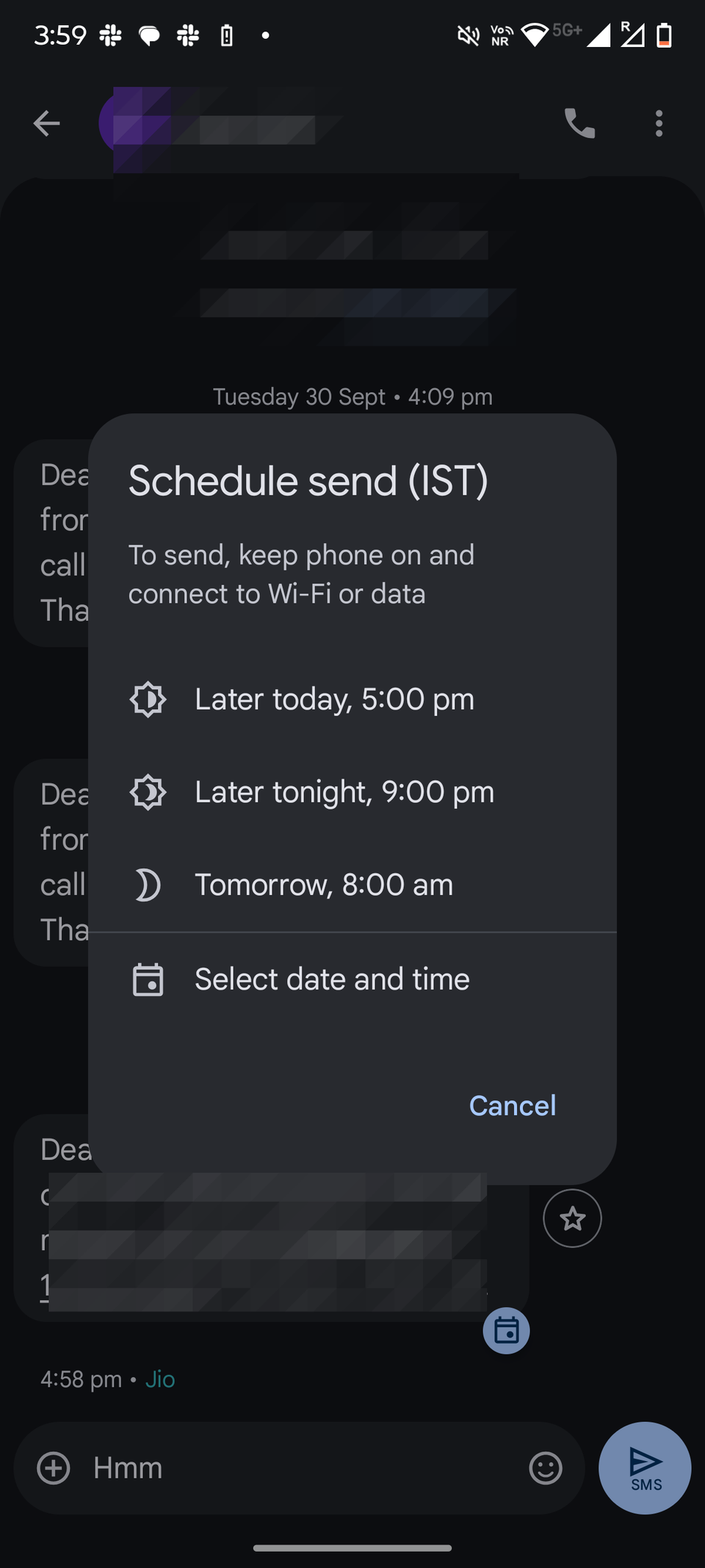 Screenshot showing Google messages' schedule send feature