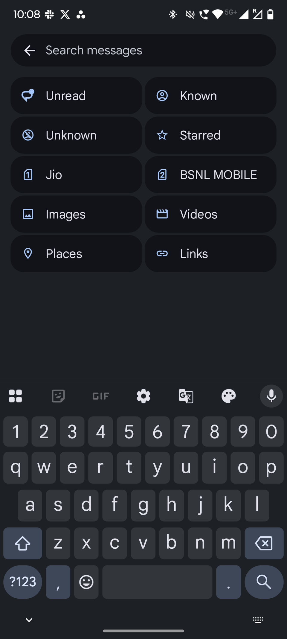 Screenshot showing search filters in the Google Messages app