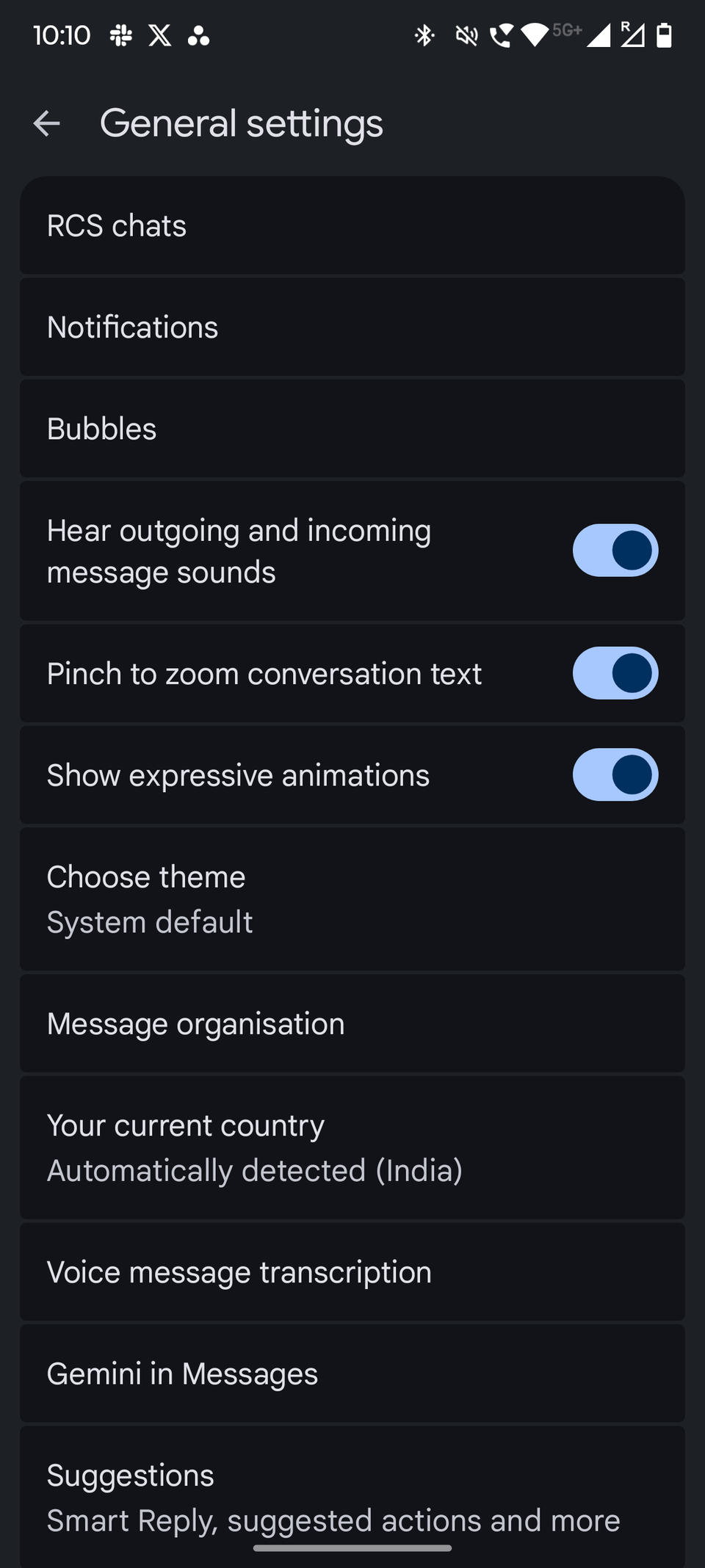 Screenshot showing settings in Google Messages