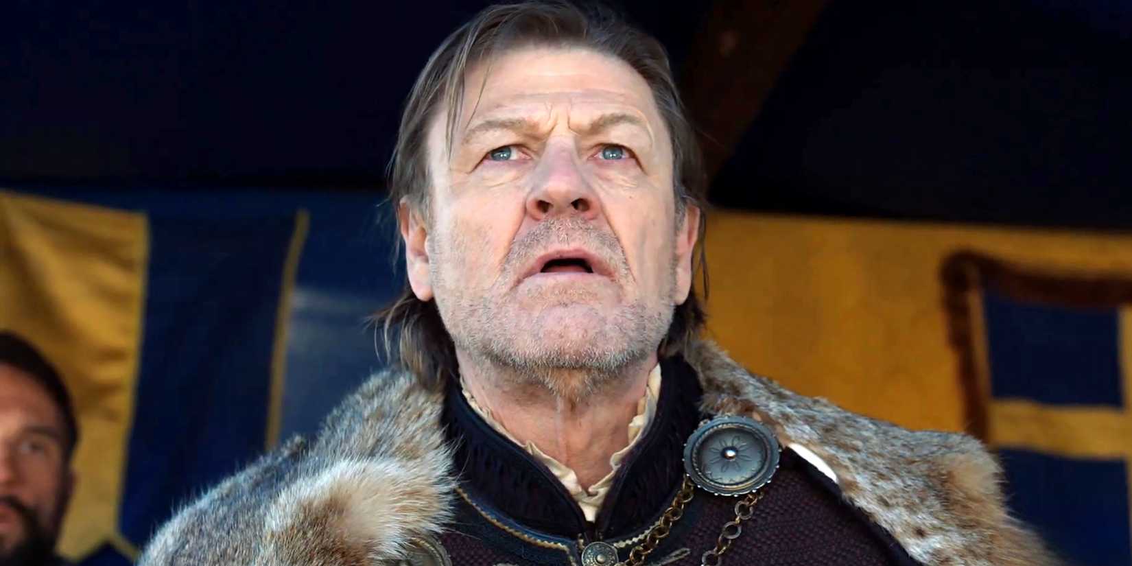 Sean Bean as the Sheriff of Nottingham looking worried about something in Robin Hood