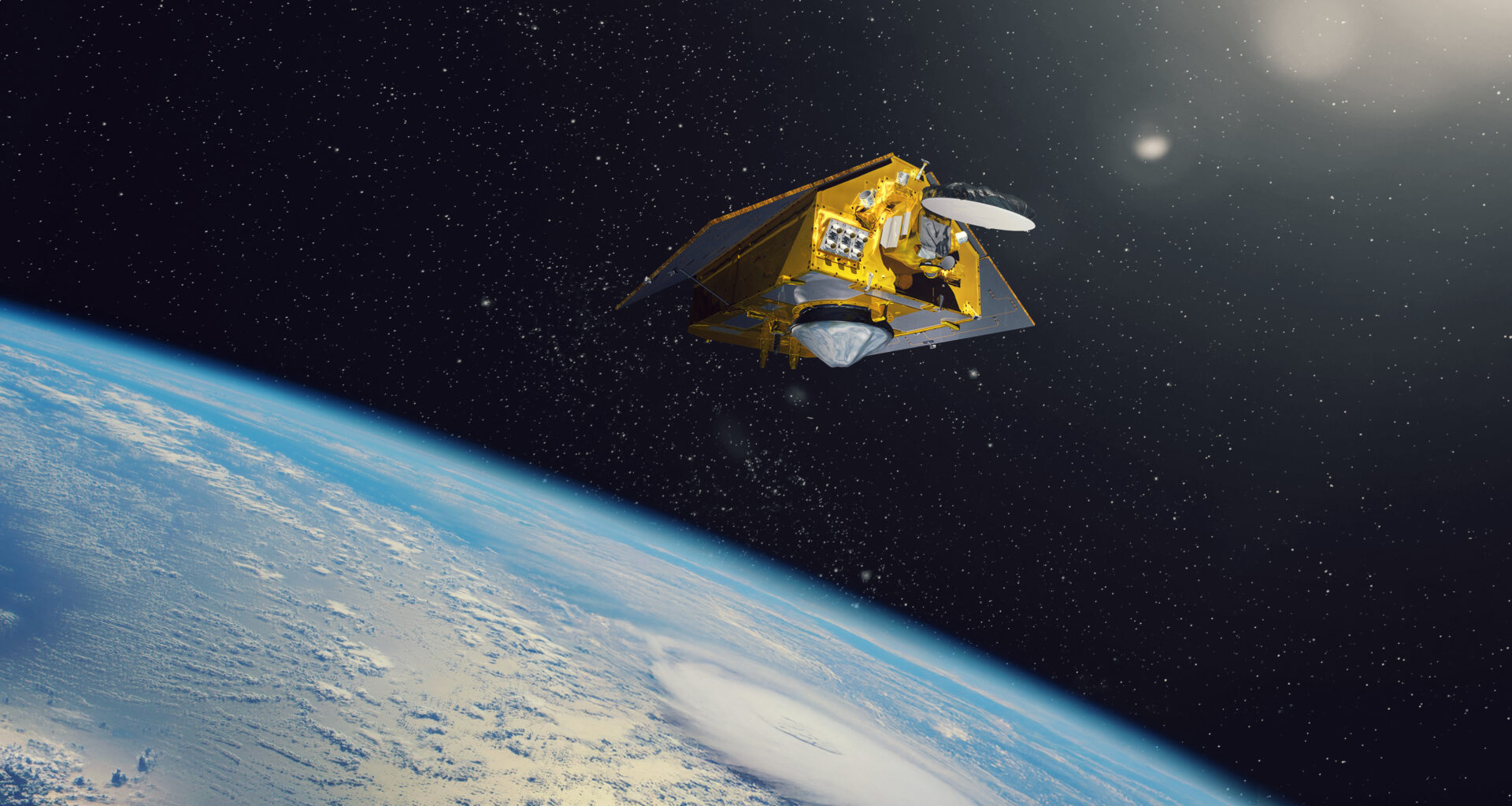 In this artist’s concept, the ocean-observing satellite Sentinel-6B orbits Earth with its deployable solar panels extended.