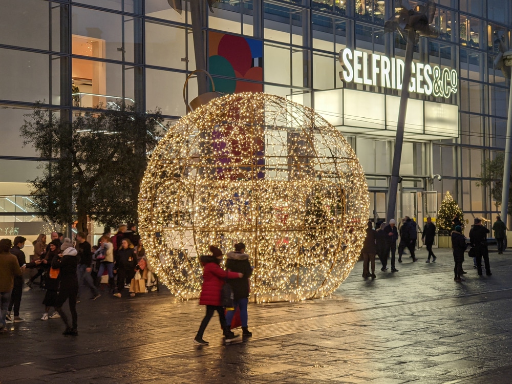 lit up bauble outside Selfridges Manchester