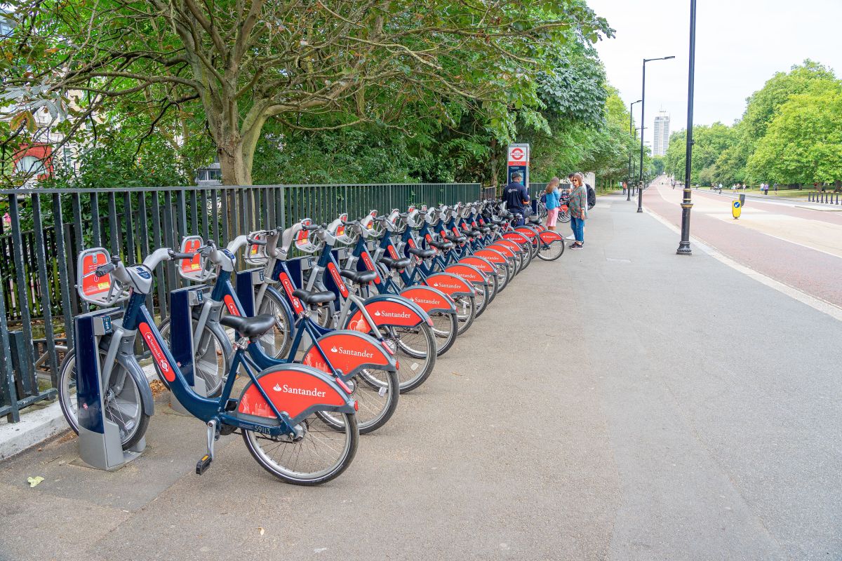 A row of Santander bikes parked in London