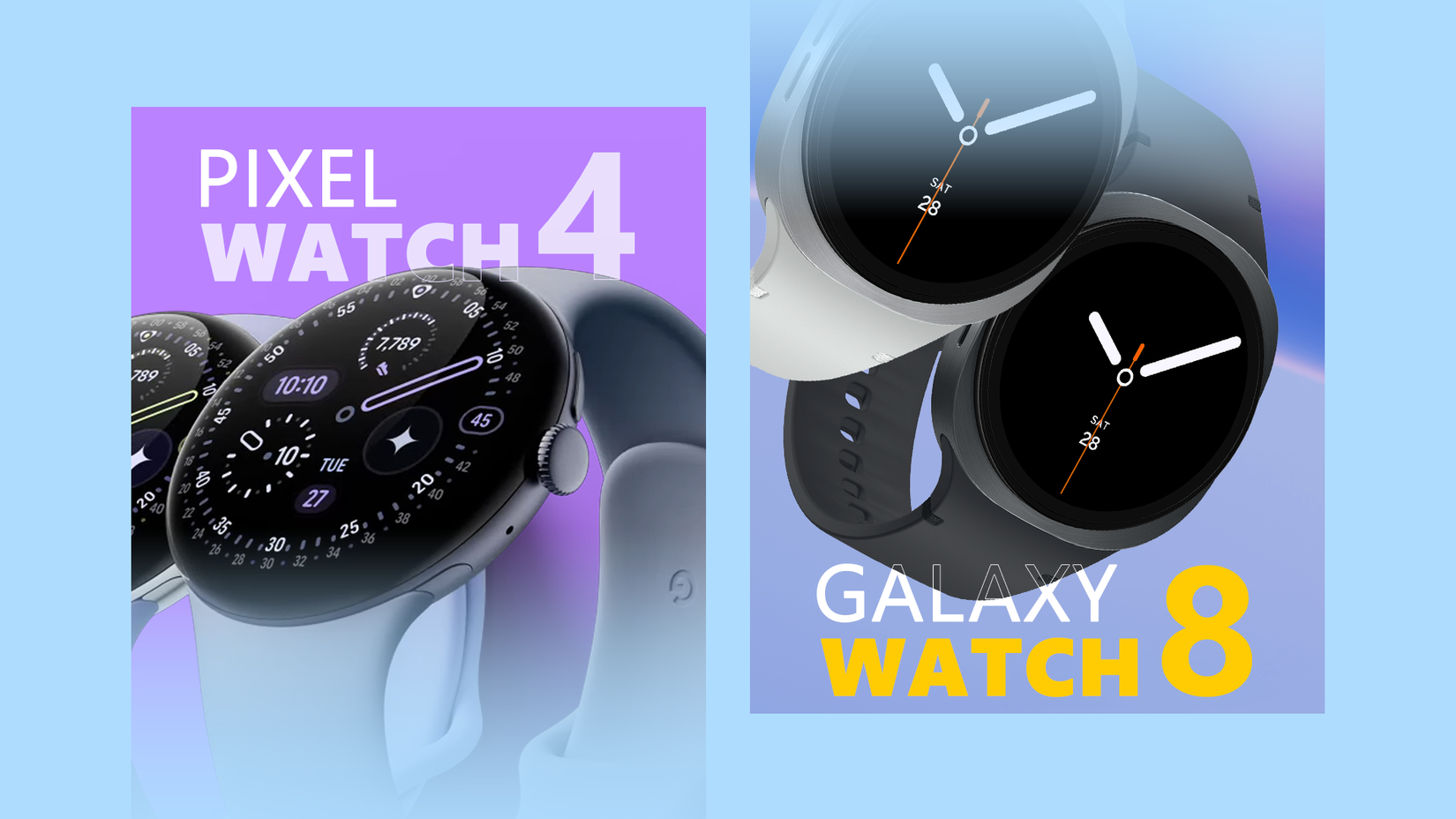Side-by-side comparison showing the Pixel Watch 4 on the left and the Galaxy Watch 8 on the right.