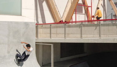 cantilever sports court crowns urban skatepark bowl along railway in france