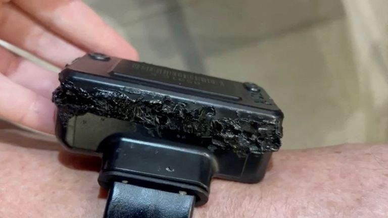 A still image from a video, which Brazilian officials say shows damage to the ankle monitor. Pic: Reuters