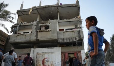 Palestinians inspect the damage to a house targeted by an Israeli strike in Deir al-Balah, in the central Gaza Strip. Pic: AP