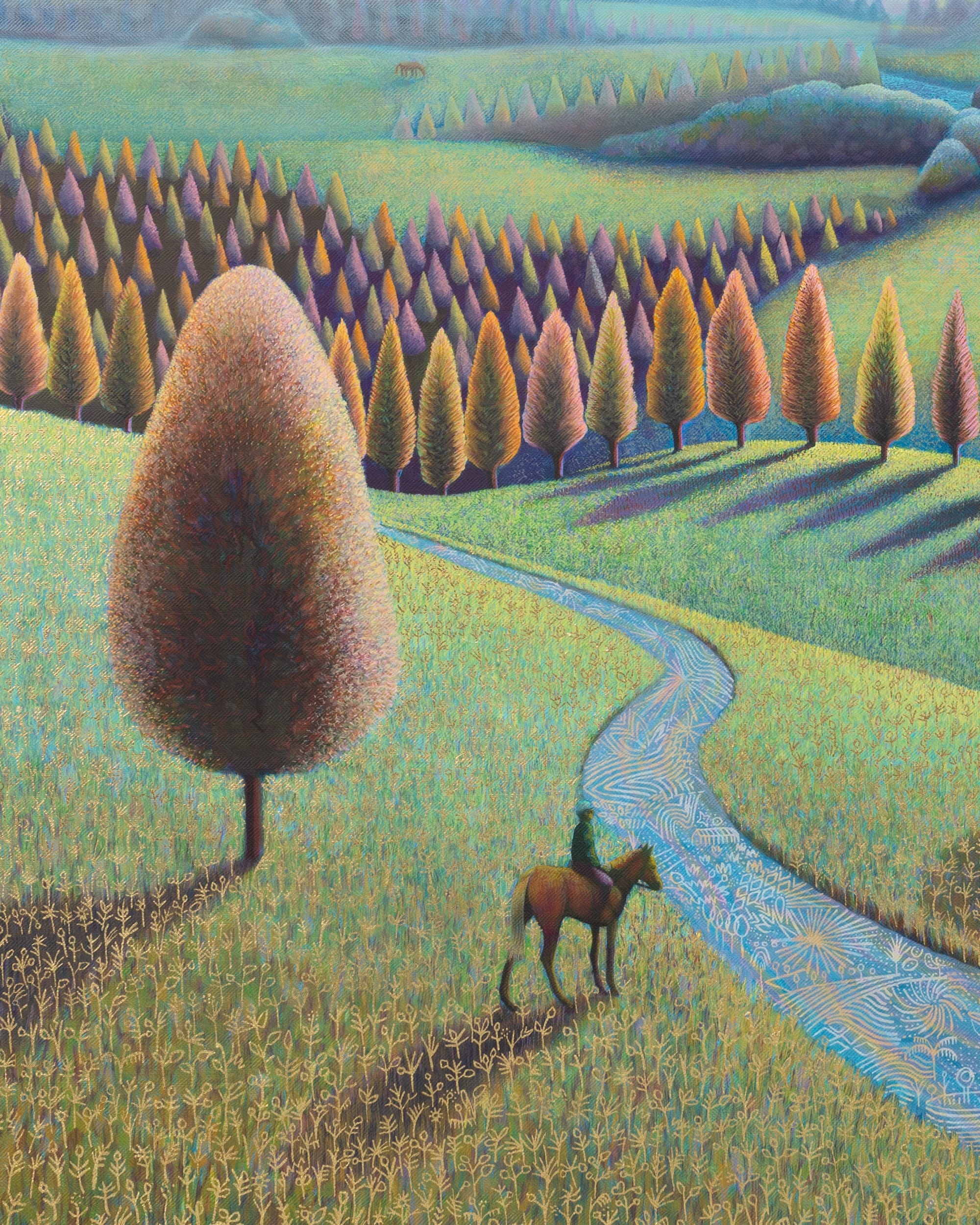 a detail of an oil painting by David Brian Smith of a bucolic countryside landscape with a person on horseback near a river, with trees and mountains in the background
