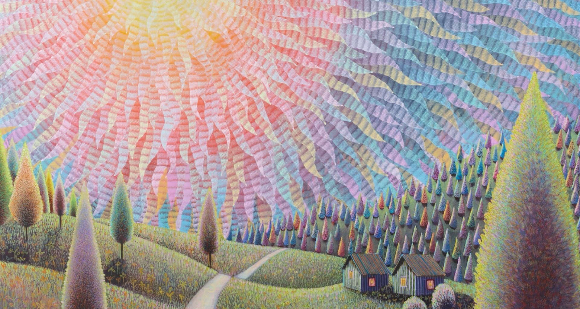 an oil painting by David Brian Smith of a sunrise over a bucolic landscape, with a road running through green hills