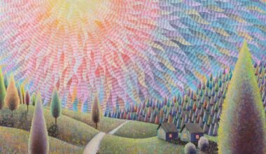 an oil painting by David Brian Smith of a sunrise over a bucolic landscape, with a road running through green hills