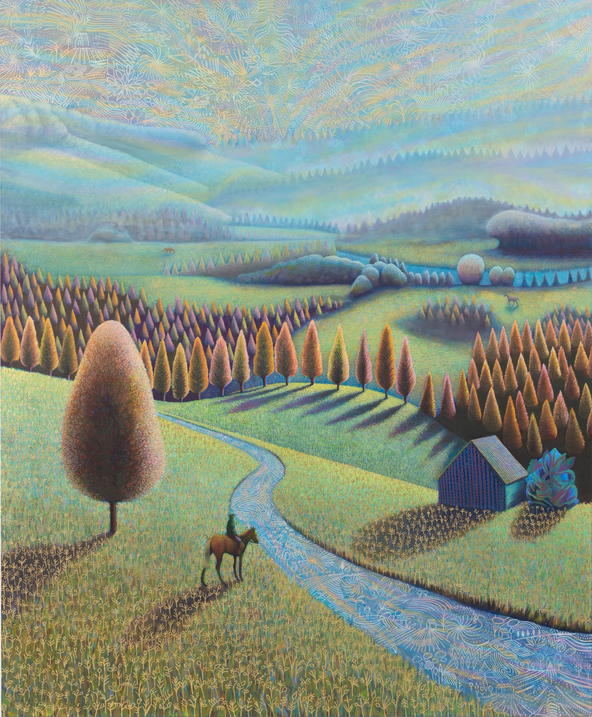 an oil painting by David Brian Smith of a bucolic countryside landscape with a person on horseback near a river, with trees and mountains in the background