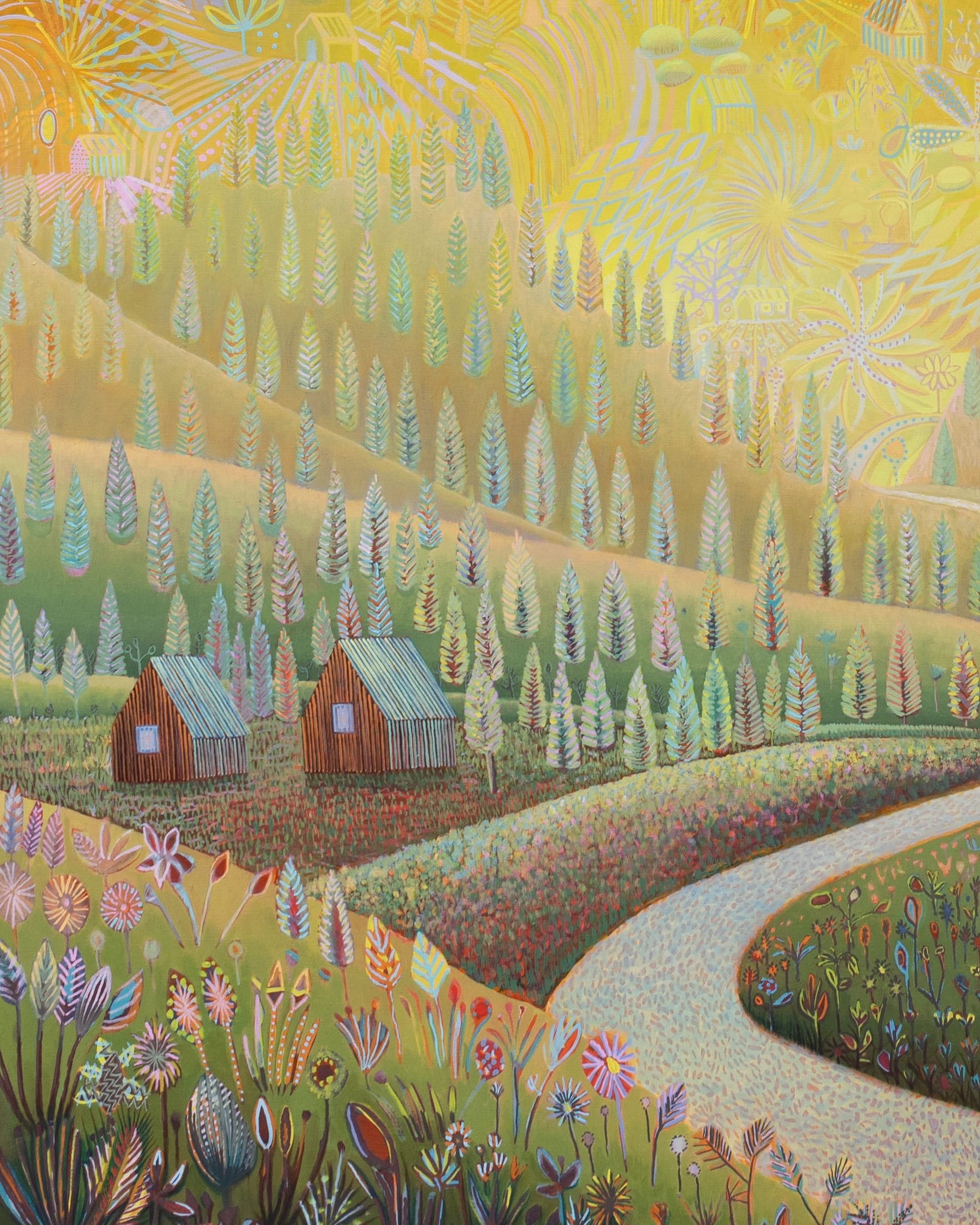 a detail of an oil painting by David Brian Smith of a sunrise over a bucolic landscape, with a road running through green hills