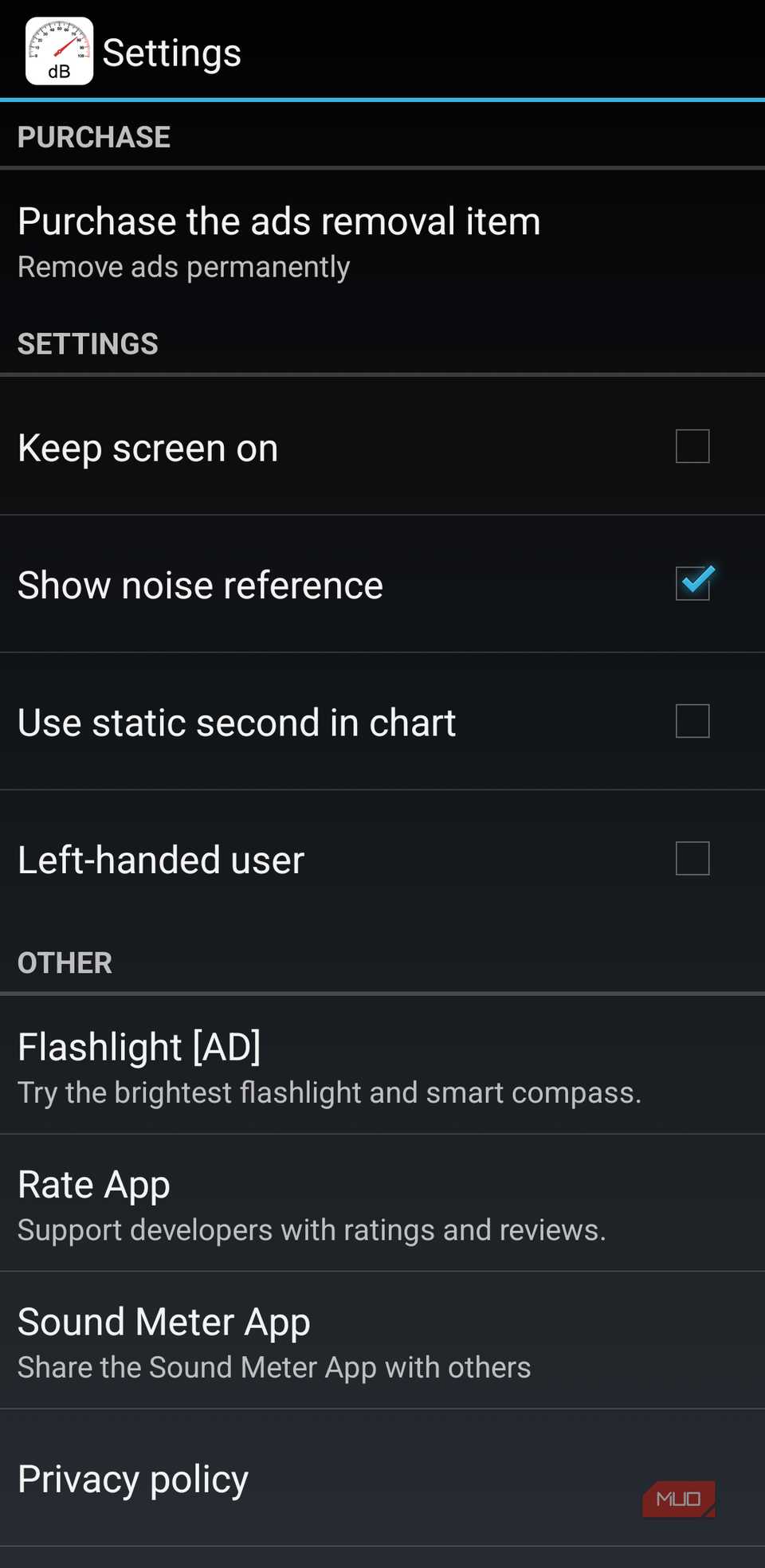 Sound Meter app settings screen